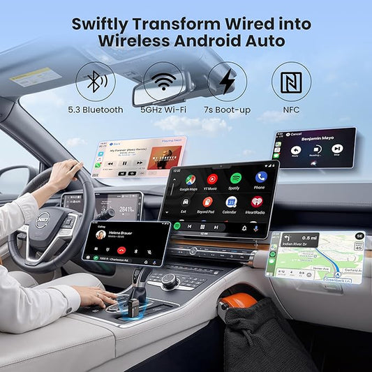 ByteWave Android Auto Wireless Adapter, 8s Fast Mini Wireless Android Auto Adapter with NFC Instant Connect, 5.8GHz WiFi Bluetooth 5.3 Stable Plug & Play USB-A/Type-C Car Dongle for Android 12+