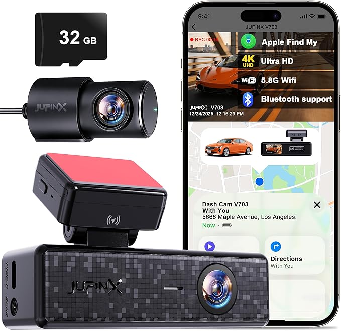 4K Dash Cam Front and Rear,with “Apple Find My” Function, 5.8GHz WiFi Dash Camera for Cars,WDR Night Vision Technology, 170° Wide-Angle Shooting and 24-Hour Parking Monitoring Mode.(V703)