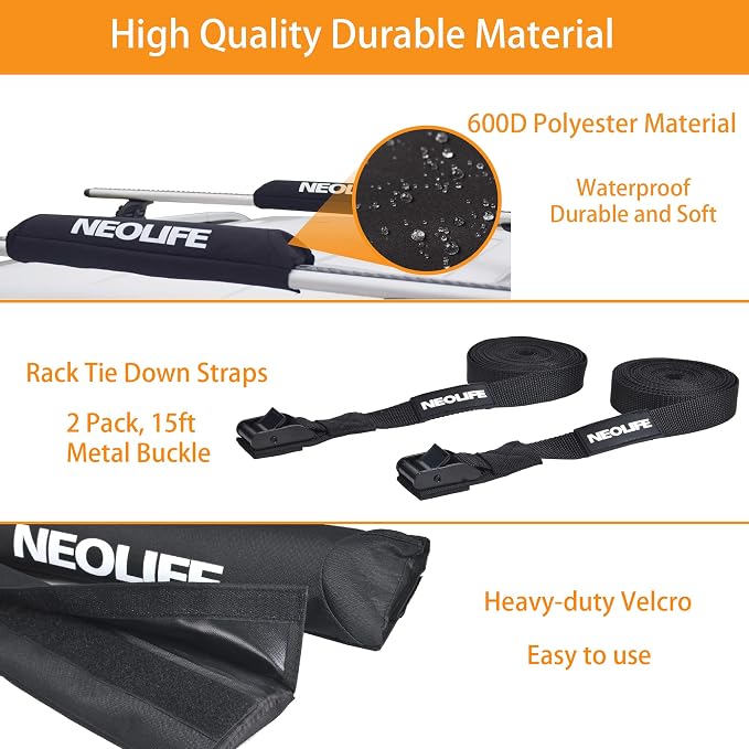 Soft Roof Rack Pads with Two 15 Ft Tie Down Straps for Surfboard, SUP Paddleboard, Snowboard, 28/34inch (Pair)