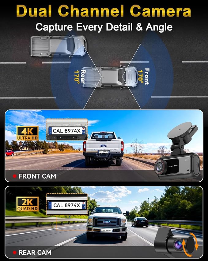Pemacom Truck Dash Cam Easy-Steup: Dual Camera 4K Front and 2K Rear with Night Vision GPS WiFi Clear Captures Pickup Trucks License Plates - 72H Parking Monitoring for Daily Commute