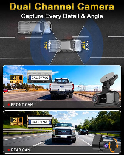 Pemacom Truck Dash Cam Easy-Steup: Dual Camera 4K Front and 2K Rear with Night Vision GPS WiFi Clear Captures Pickup Trucks License Plates - 72H Parking Monitoring for Daily Commute