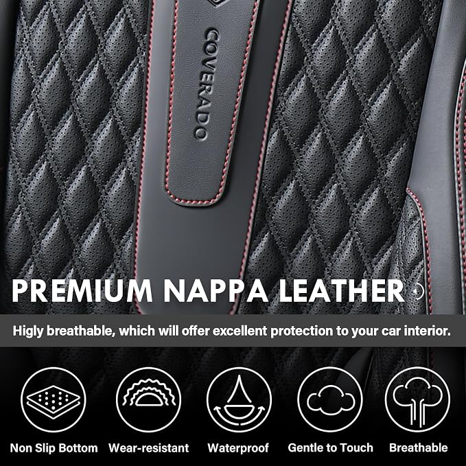 Coverado Front Seat Covers, Car Seat Covers Front Seats, Nappa Leather Seat Covers for Cars, Waterproof Seat Covers with Lumbar Support Universal Fit for Most Cars SUV Trucks (Front, Black-Red line)