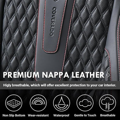 Coverado Front Seat Covers, Car Seat Covers Front Seats, Nappa Leather Seat Covers for Cars, Waterproof Seat Covers with Lumbar Support Universal Fit for Most Cars SUV Trucks (Front, Black-Red line)