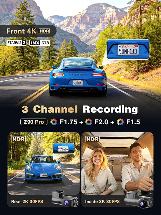 DDPAI 3 Channel 4K HDR Dash Cam, STARVIS 2 IMX678, Dashcam for Cars with 128G eMMC, Front Inside and Rear Triple Car Camera with GPS, 3" IPS,ADAS,24H Parking Mode,Support 512GB,Z90 Pro 3CH