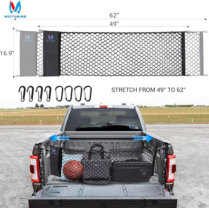 MICTUNING Truck Bed Cargo Net Highly Elastic Cargo Net with Storage Bag Small Mesh Durable Storage Organizer Compatible for 2013-2024 Chevy Silverado (16.9"" X 49"" to 62""), Black