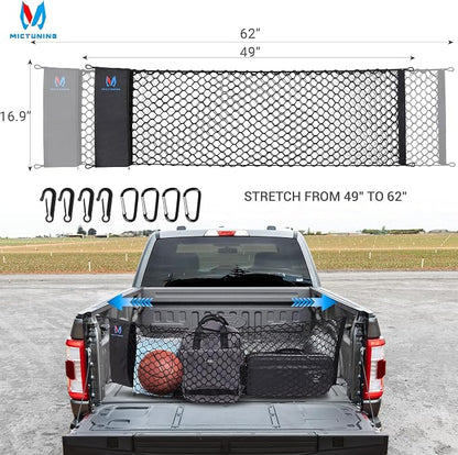 MICTUNING Truck Bed Cargo Net Highly Elastic Cargo Net with Storage Bag Small Mesh Durable Storage Organizer Compatible for 2013-2024 Chevy Silverado (16.9"" X 49"" to 62""), Black
