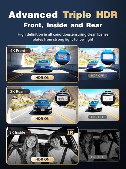 DDPAI 3 Channel 4K HDR Dash Cam, STARVIS 2 IMX678, Dashcam for Cars with 128G eMMC, Front Inside and Rear Triple Car Camera with GPS, 3" IPS,ADAS,24H Parking Mode,Support 512GB,Z90 Pro 3CH