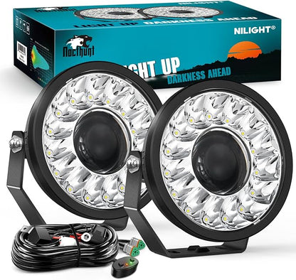 Nilight 7 Inch LED Offroad Driving Lights with DRL 2 PCS 100 W Round Hyper Spot Beam Offroad Light w/ 12 AWG DT Connector Wiring Harness Kit for Jeep Truck ATV UTV SUV