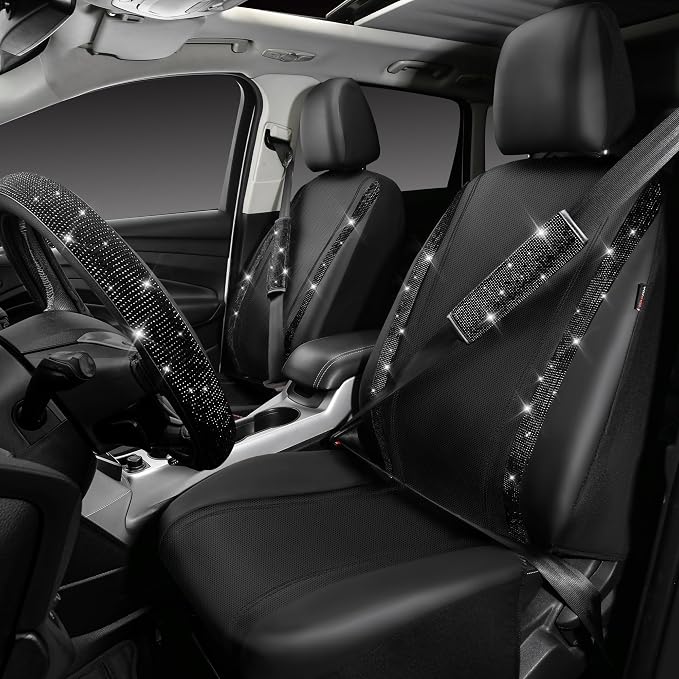 CAR PASS Leather Bling Seat Covers Full Sets 16 pcs, Bling Diamond Car Accessories Set for Women, Sparkly Rhinestone Steering Wheel Cover, Glitter Cute Car Interior Sets for Women Girl, Black Diamond