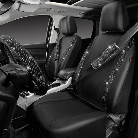 CAR PASS Leather Bling Seat Covers Full Sets 16 pcs, Bling Diamond Car Accessories Set for Women, Sparkly Rhinestone Steering Wheel Cover, Glitter Cute Car Interior Sets for Women Girl, Black Diamond