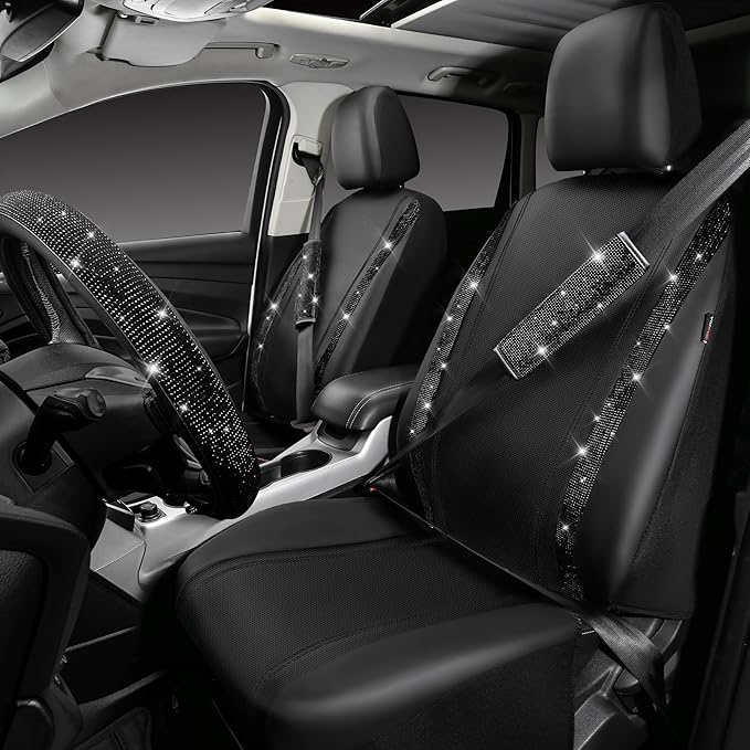 CAR PASS Bling Diamond Leather Car Seat Covers 11 PCS, Sparkly Rhinestone Steering Wheel Cover Glitter Cute Interior Car Accessories Sets Seat Belt Cushion Cup Holder Coaster Women Girl, Black Diamond