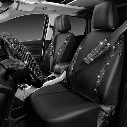 CAR PASS Bling Diamond Leather Car Seat Covers 11 PCS, Sparkly Rhinestone Steering Wheel Cover Glitter Cute Interior Car Accessories Sets Seat Belt Cushion Cup Holder Coaster Women Girl, Black Diamond