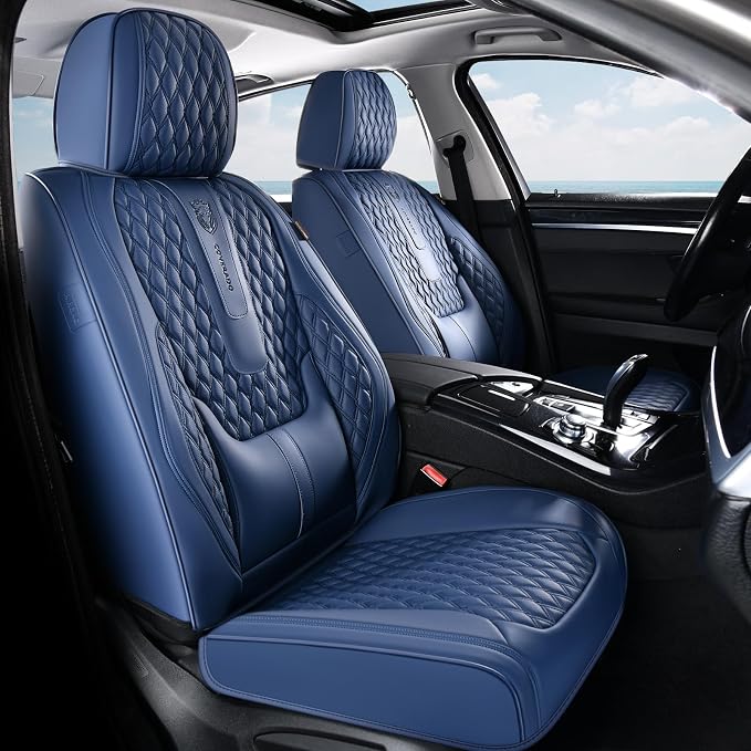Coverado Car Seat Covers Full Set, Nappa Leather Seat Covers for Car, Waterproof Car Seat Protector with Lumbar Support, Automotive Seat Covers Universal Fit for Most Cars SUV Trucks (Blue)