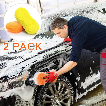 Tanlade 2 Pcs Large Car Wash Sponge for Cleaning, The Microfiber Sponges for Car Washing Supplies, Trucks and Motorcycles (Orange,Yellow)
