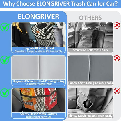ELONGRIVER Car Trash Can Bin for Back Seat Leak Proof, Cute Car Trash Bag Hanging, Vehicle Trash Can for SUV Truck Van, Automotive Garbage Cans Front Seat Stripe