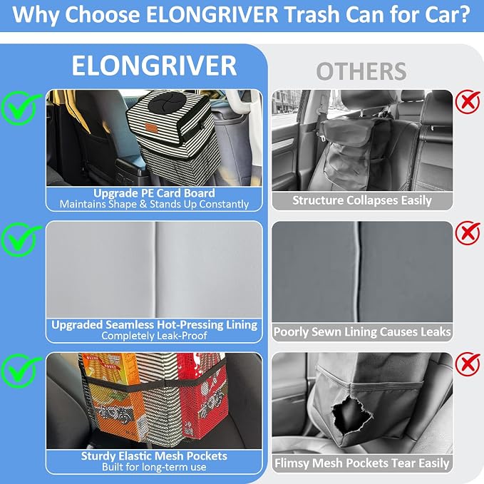 ELONGRIVER Car Trash Can Bin for Back Seat Leak Proof, Cute Car Trash Bag Hanging, Vehicle Trash Can for SUV Truck Van, Automotive Garbage Cans Front Seat Stripe