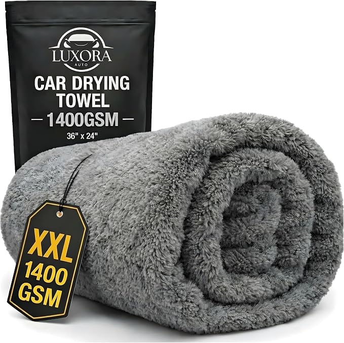Car Drying Towel Extra Large 36" x 24" 1400 GSM Twisted Loop Microfibre - Charcoal Drying Towel Car Detailing, Double-Sided Edgeless Design, Super Absorbent, Durable Machine Washable and Lint-Free