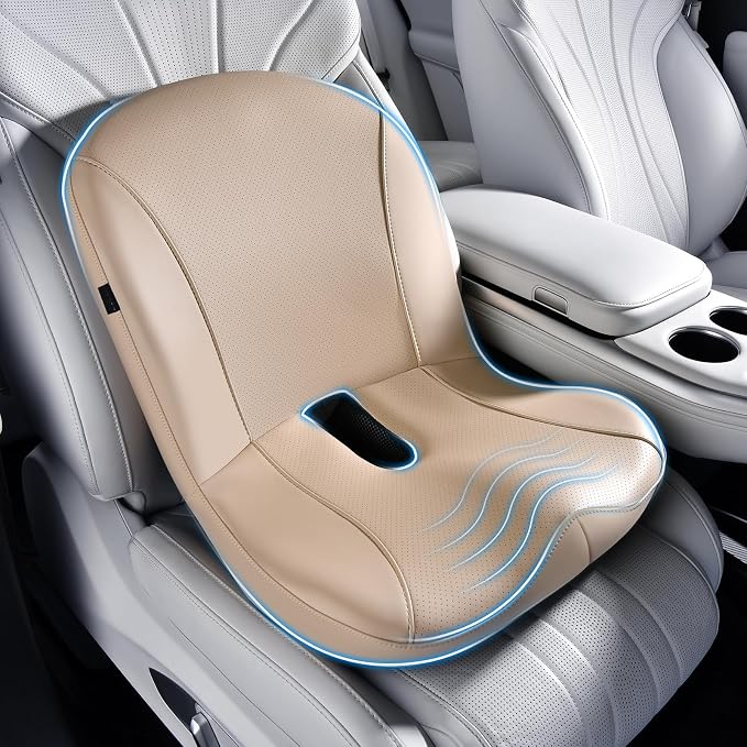 Coverado Car Seat Cushion and Lumbar Support Pillow One Piece, Napa Leather Memory Foam Ergonomic Back Support Driving Seat Cushion for Back Pain, Non-Slip Washable Cushion for Car, Driver, Office