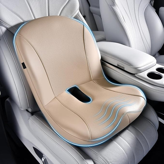 Coverado Car Seat Cushion and Lumbar Support Pillow One Piece, Napa Leather Memory Foam Ergonomic Back Support Driving Seat Cushion for Back Pain, Non-Slip Washable Cushion for Car, Driver, Office