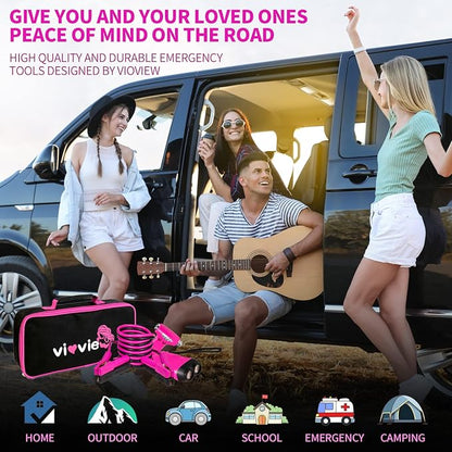 Roadside Emergency Car Kit for Vehicles, Car Safety Kit with Jumper Cables, Safety Hammer, Pink Car Accessories Road Trip Essentials Assistance Kit for Teen Girls Women