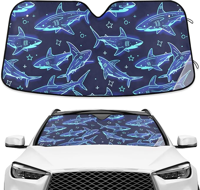 Cute Sharks Blue Windshield Sunshade Car Sun Shade Blocks UV Rays Visor Protector Accordion Folding Sun Reflector Auto Sunshade for Truck SUV