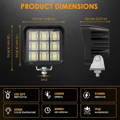 4.8Inch 288W 22000LM LED Tractor Light Bars, IP68 Waterproof Shockproof 12/24V LED Work Lights for Truck, 150° Flood Beam Off Road Light Bar for UTV ATV SXS and Heavy-Duty Equipment, 2PCS