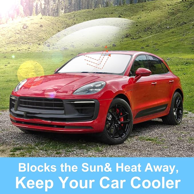 TINGLU Sun Shade for Porsche Macan 2014-2024 2025 2026 Accessories Windshield Sun Shade Window Shade UV Rays Protection Sun Visor Cover with Steering Wheel Sunshade Storage Bag