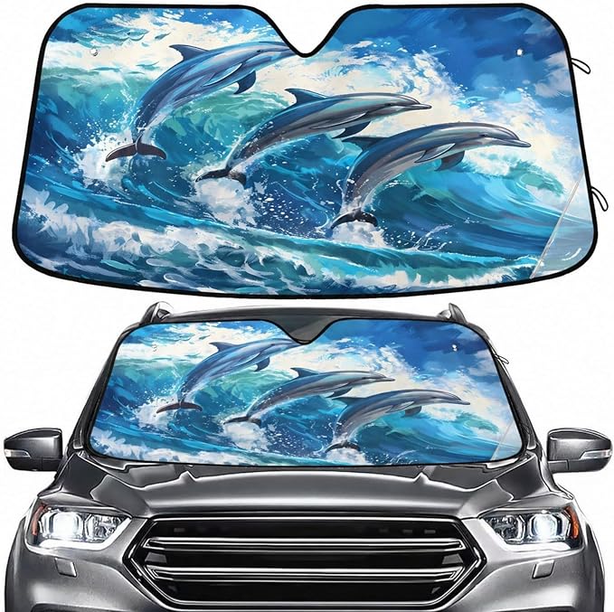 Windshield Sun Shade Beautiful Dolphins Jumped Front Window Block UV Shades Visor Reflective Retractable for Car SUV Trucks