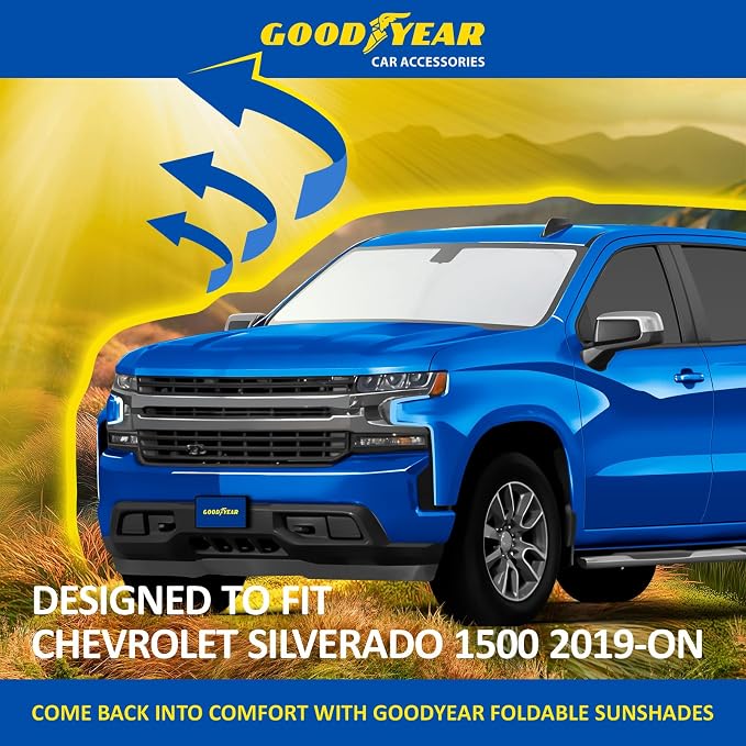 Goodyear Foldable Windshield Sunshade for Chevrolet (Chevy) Silverado 1500 2019-2026, Truck car Accessories, Sunshade Cover, Sun Shade Car Windshield, Window Sun Blocker - GY008220