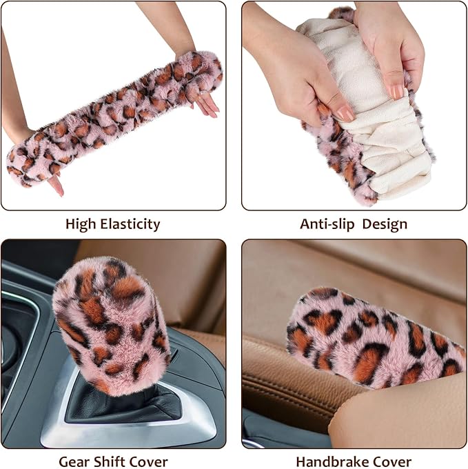 Accmor Fuzzy Steering Wheel Cover, Universal Fit Fur Car Wheel Cover & Handbrake Cover & Gear Shift Cover Set for Women Girls, Leopard Winter Warm Fluffy Vehicle Wheel Protector for Auto, SUV (Pink)