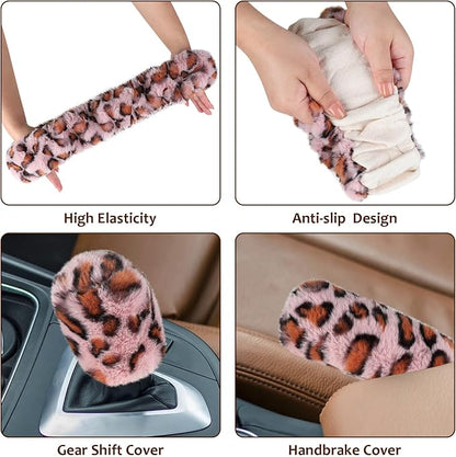 Accmor Fuzzy Steering Wheel Cover, Universal Fit Fur Car Wheel Cover & Handbrake Cover & Gear Shift Cover Set for Women Girls, Leopard Winter Warm Fluffy Vehicle Wheel Protector for Auto, SUV (Pink)