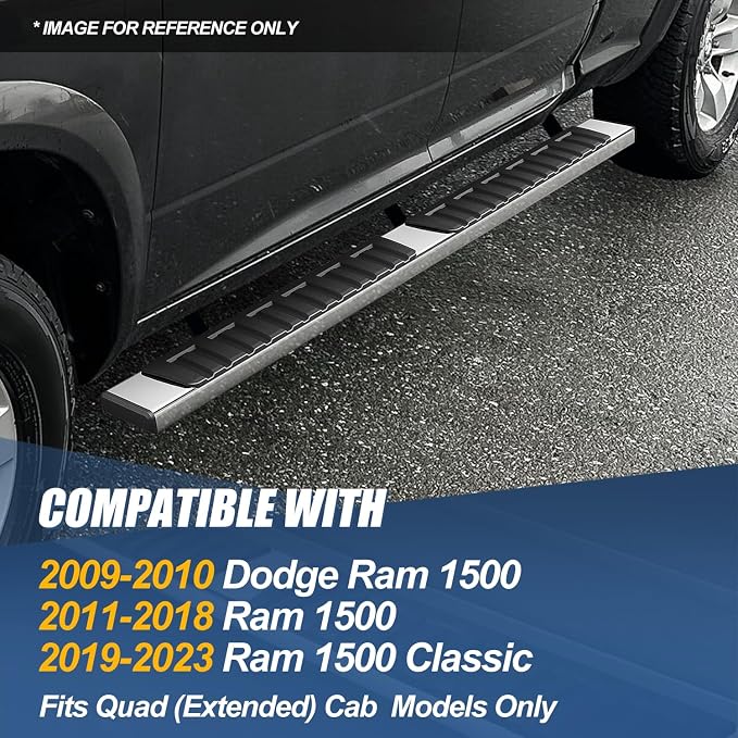 Auto Dynasty Flat Running Boards Compatible with 2009-2024 Dodge Ram 1500 Quad Extended Cab Models, Stainless Steel Side Step Rail Nerf Bars, 6.75" Step Bars, Chrome Polished