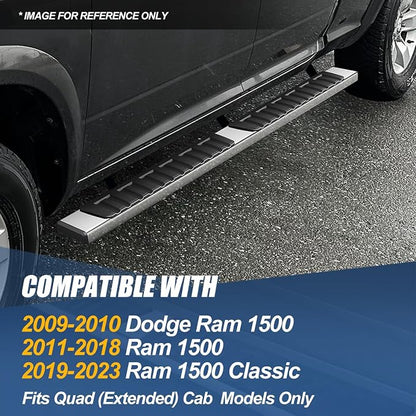 Auto Dynasty Flat Running Boards Compatible with 2009-2024 Dodge Ram 1500 Quad Extended Cab Models, Stainless Steel Side Step Rail Nerf Bars, 6.75" Step Bars, Chrome Polished