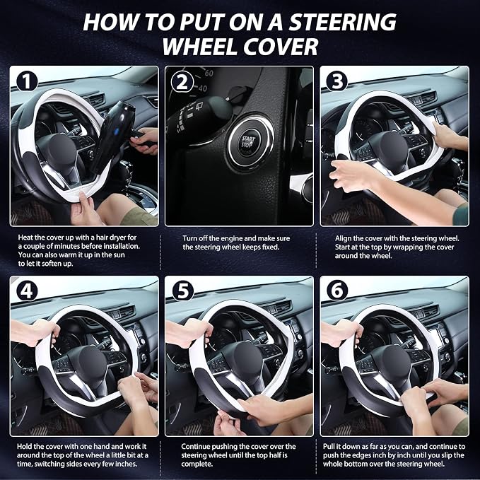 SEG Direct Flat Bottom Steering Wheel Cover, D Shaped Car Wheel Cover 14 1/2-15 in. (37-39 cm), Black White Microfiber Leather