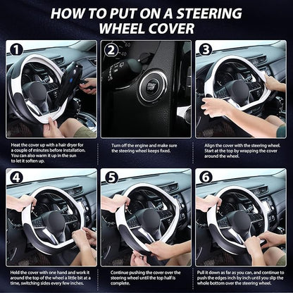 SEG Direct Flat Bottom Steering Wheel Cover, D Shaped Car Wheel Cover 14 1/2-15 in. (37-39 cm), Black White Microfiber Leather