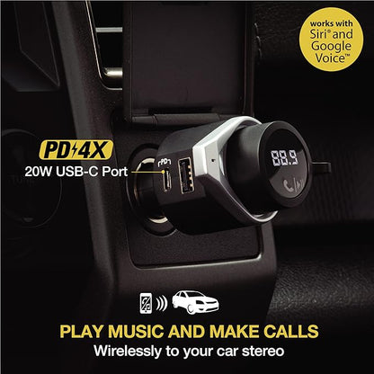 Scosche BTFMPD3SR FM Bluetooth Radio Transmitter for Car, Hands-Free Kit with Dual USB Charging Ports, 12W USB-A + 20W Fast Type-C Car Charger, Wireless Adapter for Calls, Siri and Google Assistant