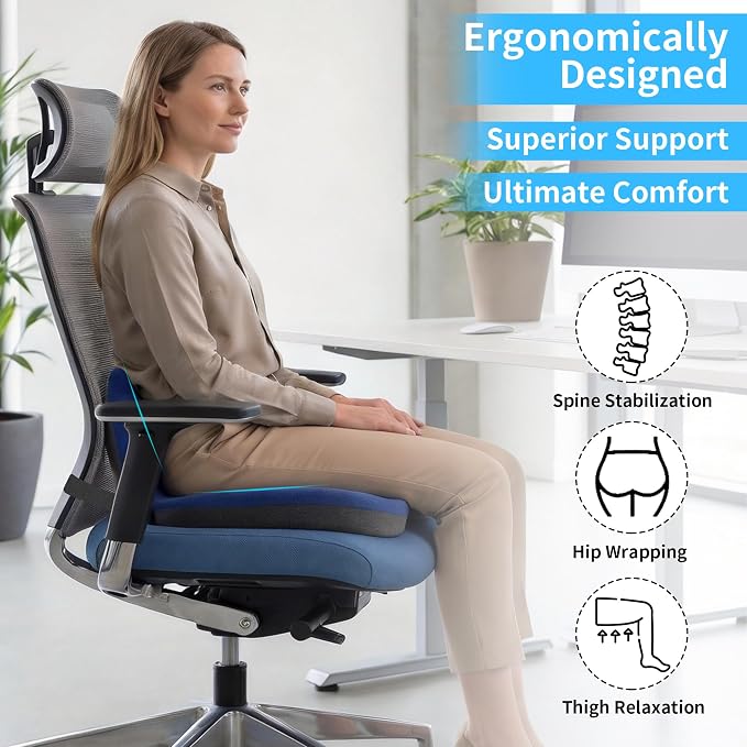 Memory Foam Truck Seat Cushion & Lumbar Support Set – Ergonomic U-Shape Tailbone Relief + L-Shape Back Cushion for Long-Haul Semi/Pickup Drivers Breathathable Cover Non-Slip Bottom Dark Blue