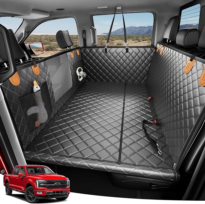 Zanch Heavy-Duty Dog Truck Seat Cover, Flat Solid Back Seat Extender for Multi Large Dogs, Hard Bottom Supports 450 lb, Waterproof Hammock Protector, XL for Full-Size Crew Cab Trucks & SUVs, Matte Blk