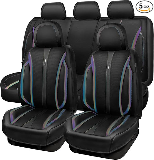 CAR PASS Nappa Leather Car Seat Covers, Durable Waterproof Luxury Universal for SUV Pick-up Truck Sedan, Anti-Slip Driver 5 Seats Covers Full Set with Backrest (Black Chameleon Iridescent Reflective)