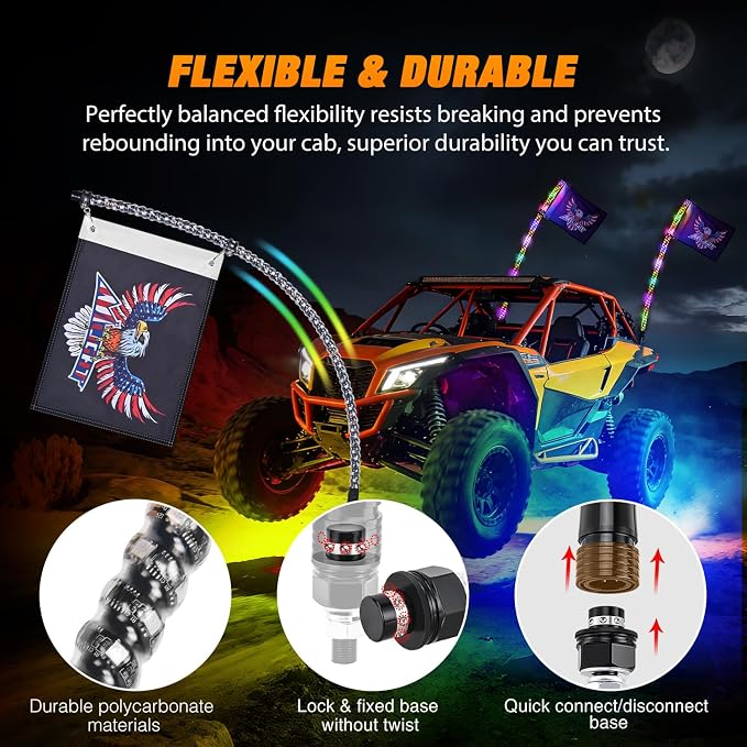 Nilight 2PCS 4FT RGB LED Whip Light and 6 PCS Rock Lights Combo Remote App Control w/DIY Chasing Patterns Stop Turn Reverse Modes Safety Antenna Whips for ATV UTV Polaris RZR Can-am Dune Buggy Jeep