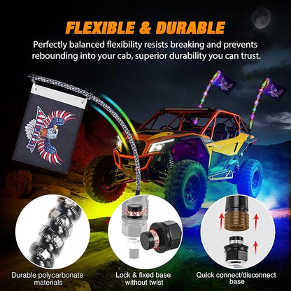 Nilight 2PCS 4FT RGB LED Whip Light and 6 PCS Rock Lights Combo Remote App Control w/DIY Chasing Patterns Stop Turn Reverse Modes Safety Antenna Whips for ATV UTV Polaris RZR Can-am Dune Buggy Jeep