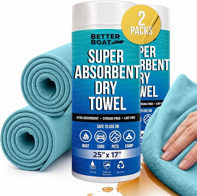 Super Absorbent Towels, Synthetic Chamois Cloth for Car and Boat Drying, Smooth Cooling Towel, Marine Grade Cleaning Supplies, PVA Shammy Dry Towel 2 Pack