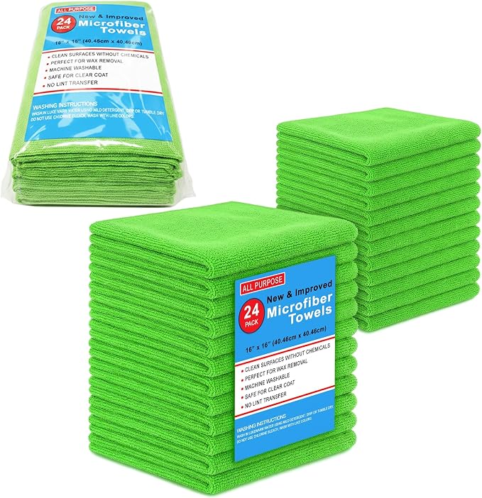 Blue Horizon Microfiber Cleaning Towels, Pack of 24, Ultra Soft Plush Washcloth, All Purpose Premium Microfiber Detailing Cleaning Cloths Reusable Shop Towels (16" x 16", Green)