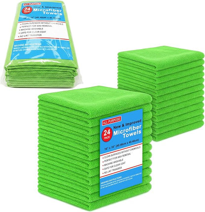 Blue Horizon Microfiber Cleaning Towels, Pack of 24, Ultra Soft Plush Washcloth, All Purpose Premium Microfiber Detailing Cleaning Cloths Reusable Shop Towels (16" x 16", Green)