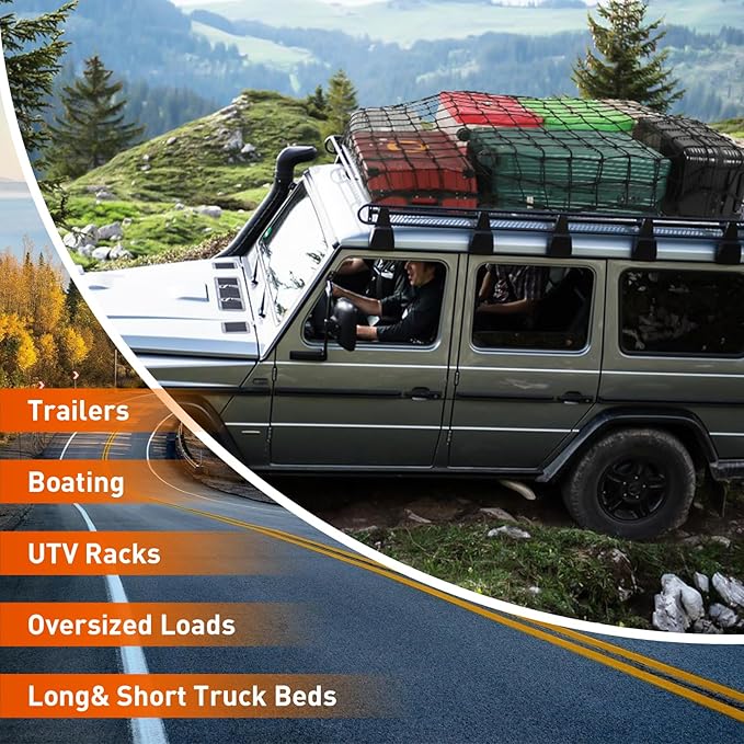 Suu66 Heavy Duty Cargo Net for Pickup Truck Bed - 5' x 7' Stretches to 15' x 21' - Sturdy Latex Bungee Net Mesh - with 12 Metal Carabiners - Truck Bed Accessories for Dodge RAM, Ford, Chevy, Toyota