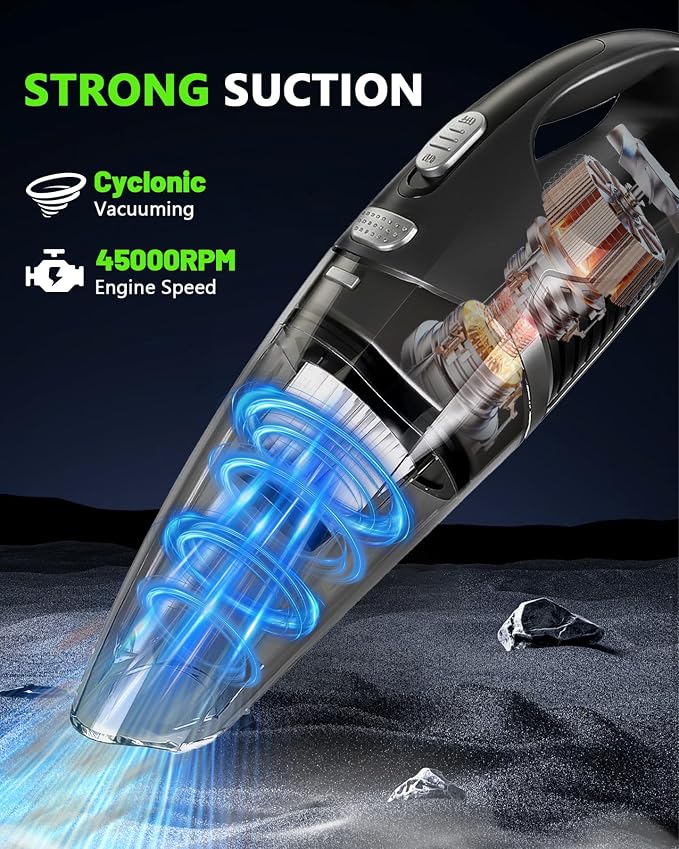 Handheld Vacuum Cordless, Rechargeable Car Vacuum Cleaner with Multiple Attachments, Portable Hand Held Vacuum Suction Power, Mini Vacuum for Car, Home, Pet Hair, Office, Desk, Keyboards Black Silver