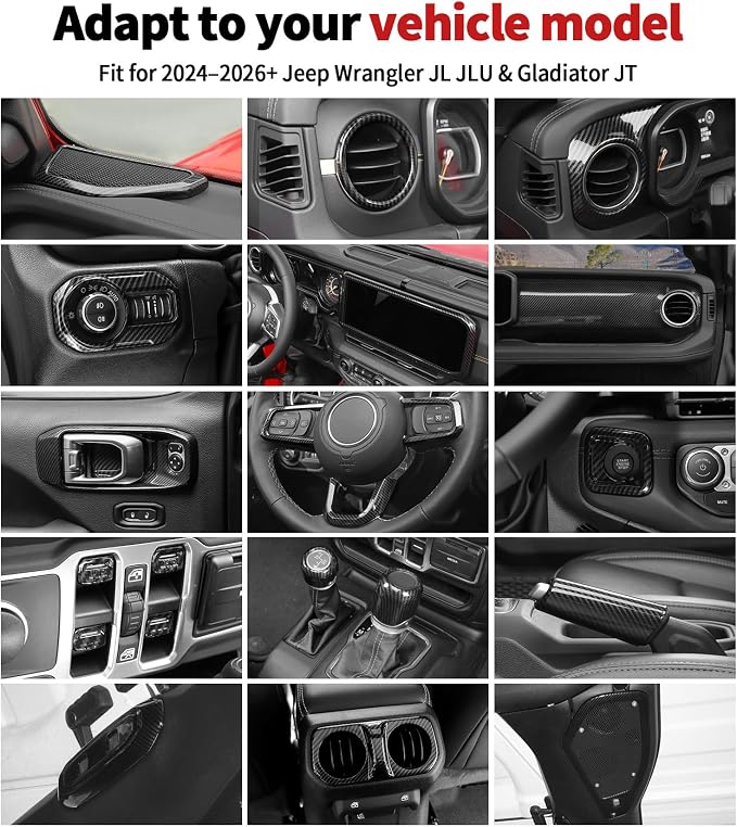 JWWY Carbon Fiber Interior Trim Kit Full Set Kit Decor Center Console Gear Shift Dashboard Panel,Door Window Switch Knob Speaker Cover Trim for 2024–2026 Jeep Wrangler JL JLU & Gladiator JT 28pcs