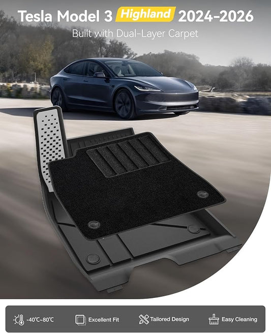 3W Tesla Model 3 2024 2025 2026 Floor Mats, Full Set with Metal Pedal & Carpets, Cargo Liner, Highland All Weather, Custom Fit Rear Trunk Mat, Black, Model 3 Accessories