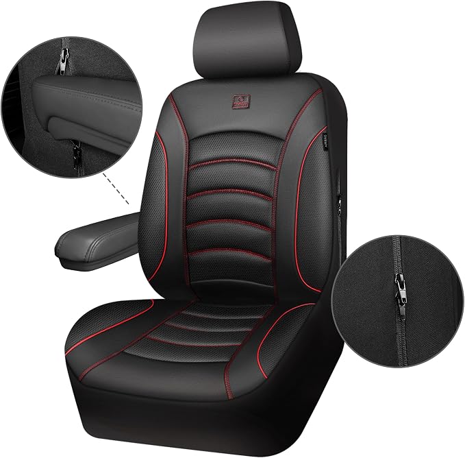 CAR PASS 3D Foam PU Leather Car Seat Covers, Universal Seat Covers Front 2 for Trucks SUV Sedan Automotive Seat Covers Armrest Airbag Compatible Waterproof Comfortable Faux Nappa Leather Black Red