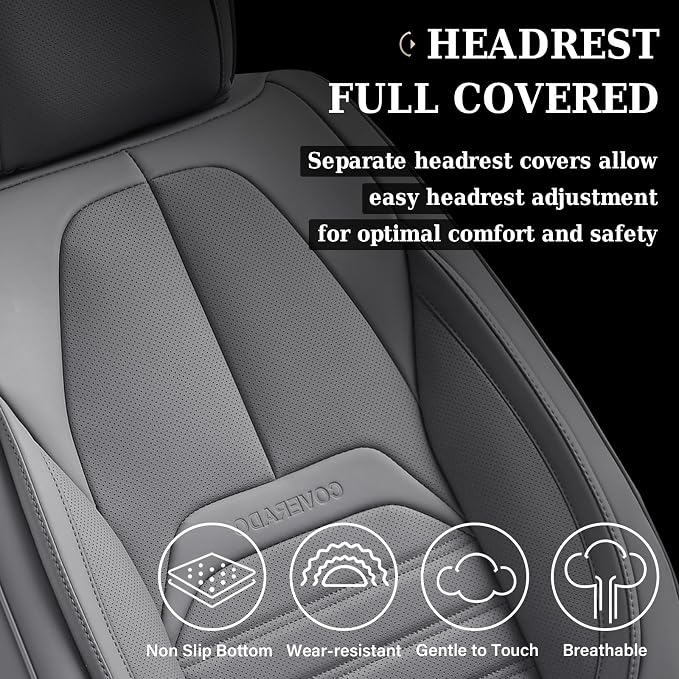Coverado Car Seat Covers Full Set, Gray Seat Covers for Cars, Automotive Seat Covers, Waterproof Nappa Leather Front Seats and Back Car Seat Protector, Universal Fit for Most Cars SUV Trucks